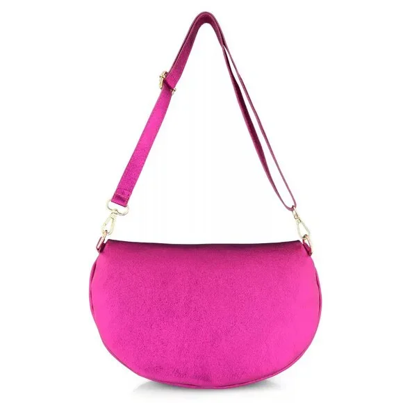 RASPBERRY METALLIC ITALIAN LEATHER HALF MOON CROSSBODY HANDBAG - Picture 2 of 4